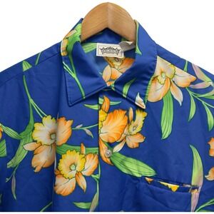 Malihini Vtg 80's Men's Size L Button Front Blue Floral Polyester Hawaiian Shirt